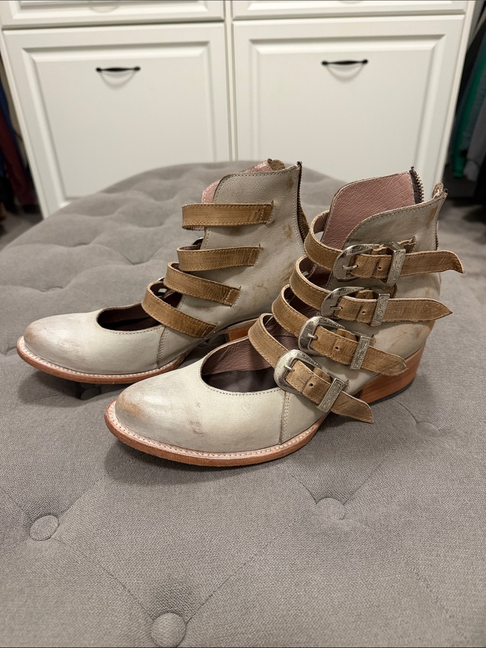 Strapped Ankle Heel Boot in Light Gray and Tan